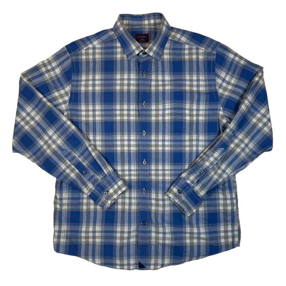 UNTUCKit Mens Large Blue Grey White Plaid Cotton Button Down Shirt Long Sleeve